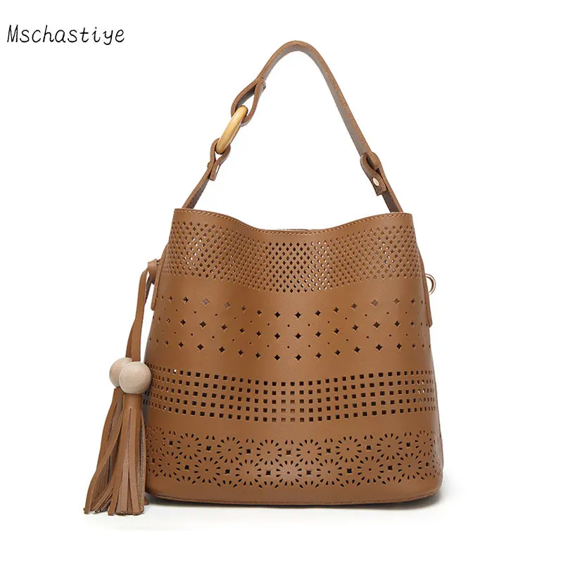 

Mschastiye 2018 Women fashion Handbags solid Hollow Out Vintage Ladies Composite Bucket Bags female tassel bag Brand Design