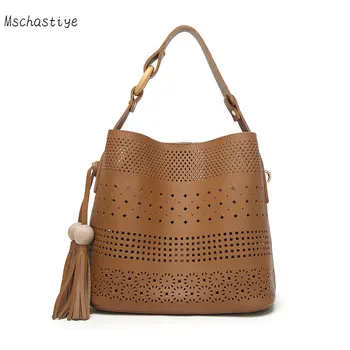 

Mschastiye 2018 Women fashion Handbags solid Hollow Out Vintage Ladies Composite Bucket Bags female tassel bag Brand Design