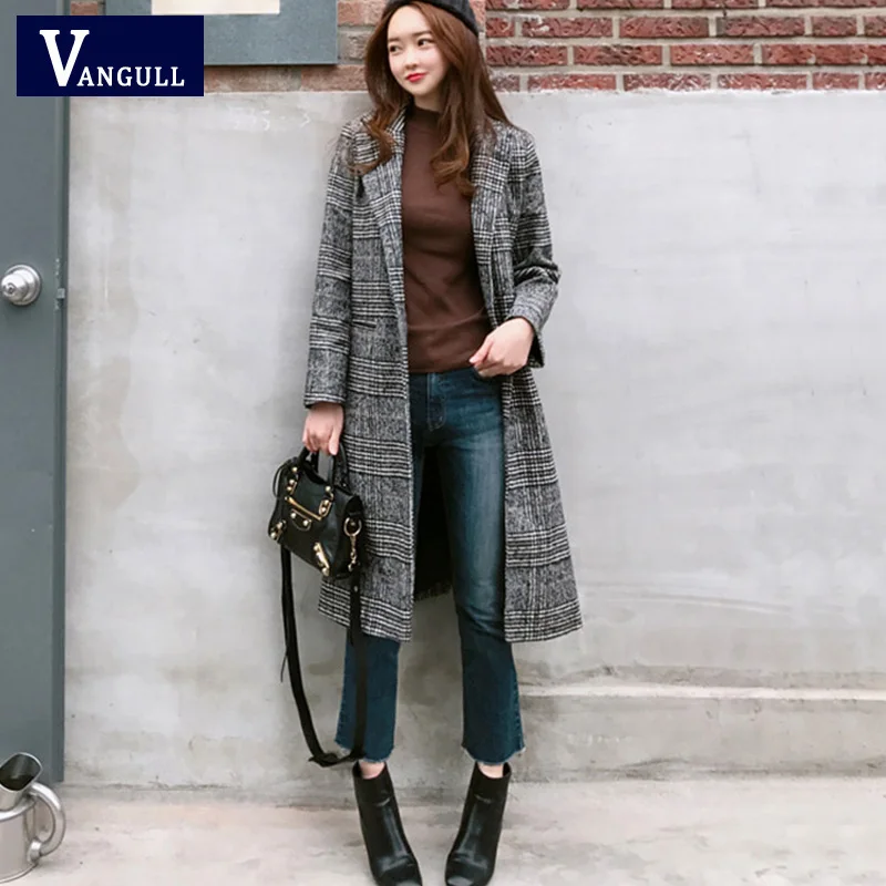 

Vangull Spring Autumn Women Wool Plaid Coat New Fashion Long Woolen Coat Slim Type Female Winter Wool Jackets Female Outwear