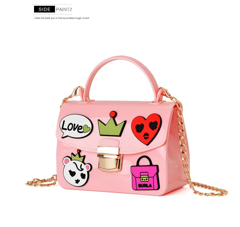 

High quality jelly cartoon badge pink women/girl mini handbag crossbody chains fashion femme candy color pillow shoulder bag