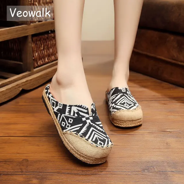 veowalk harajuku geometry embroidered women cotton slippers handmade