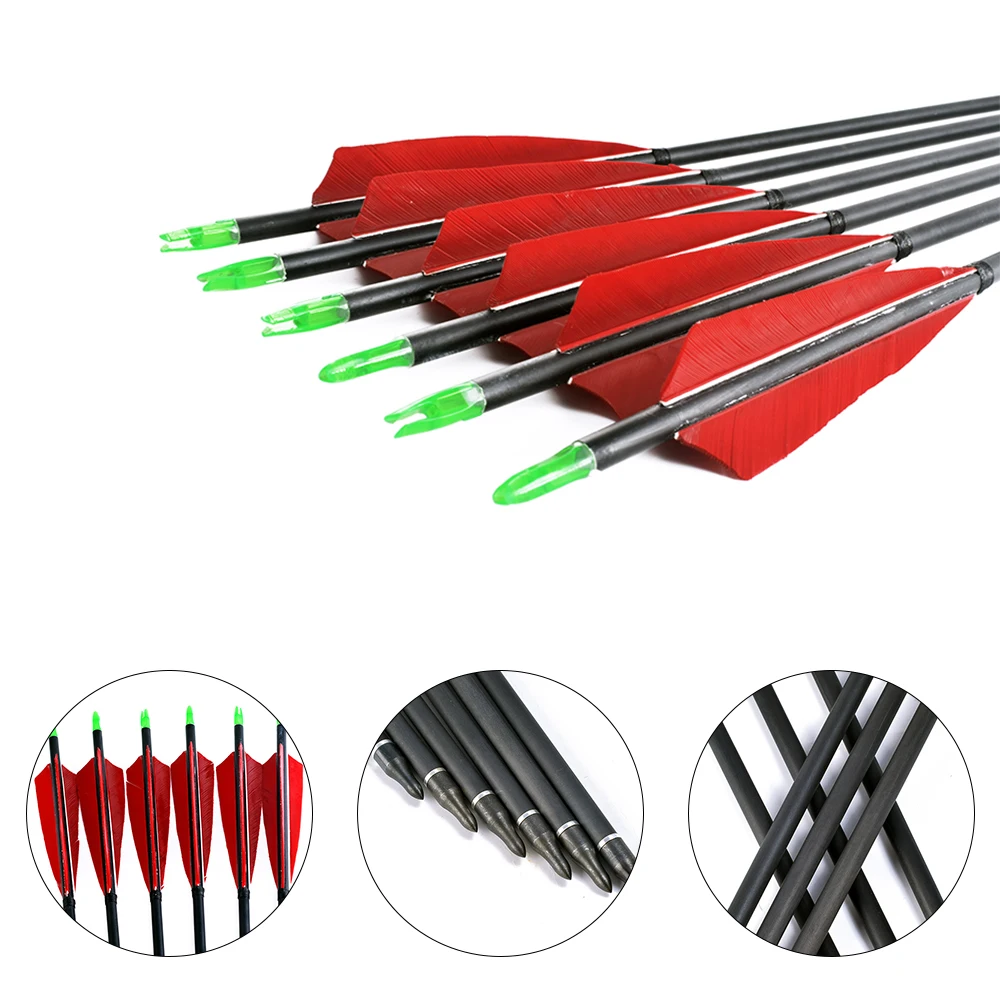 

12x Carbon Arrows red Turkey feather for 20 -50lbs Longbow Recurve Bow Hunting Archery for 80cm Length with High Quality