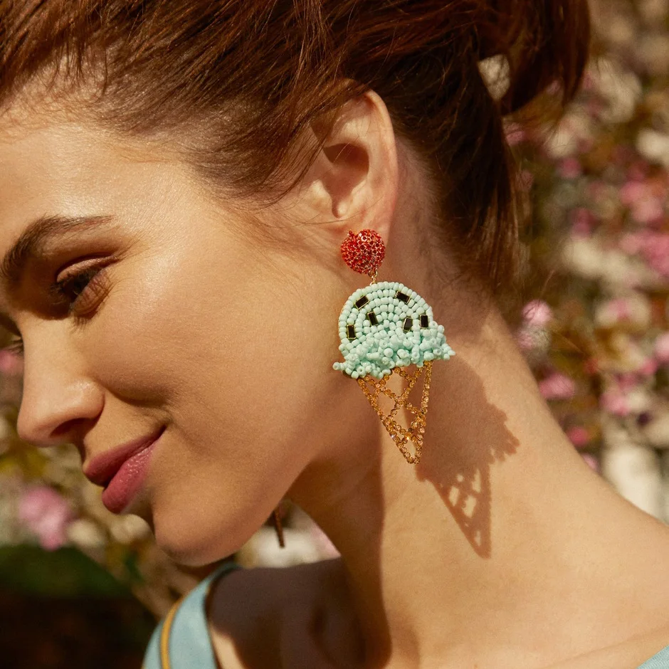 

JUJIA Trendy Chic Ice Cream Earrings For Women Cute Crystal Handmade Beads Hanging Drops Earring Food Jewelry