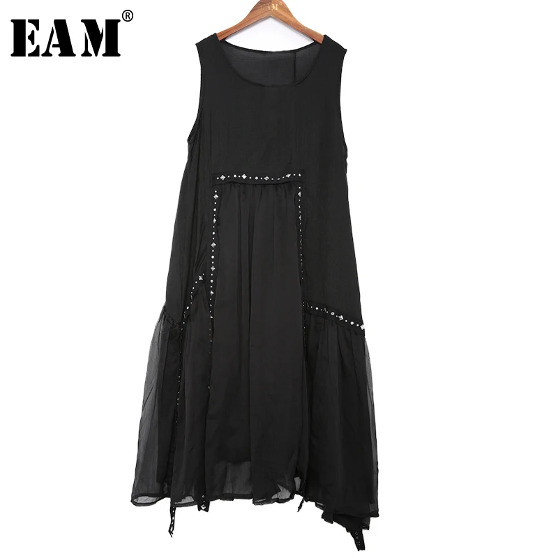 

[EAM] 2019 New Spring Summer Round Neck Sleeveless Black Pleated Chiffon Split Joint Big Size Vest Dress Women Fashion JU59