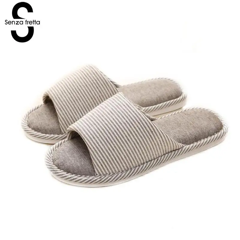 

Senza Fretta Womens Shoes Open Toe Indoor Floor Couple Men Linen Slippers Non-slippers Women's Home Shoes Pantufa Feminina
