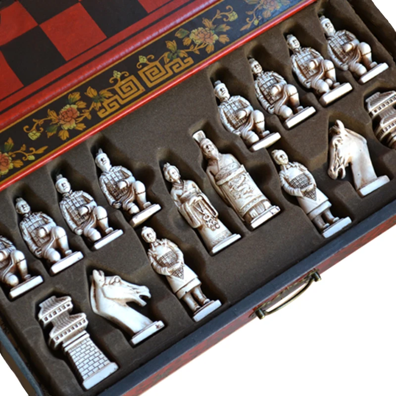 Chinese Retro Terracotta Warriors Chess Vintage Carving Resin Chessman Christmas Birthday Premium Gift Quality Wood Material