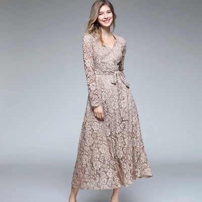 Женское платье с длинным рукавом Boho Осеннее кружевное длинное треугольным