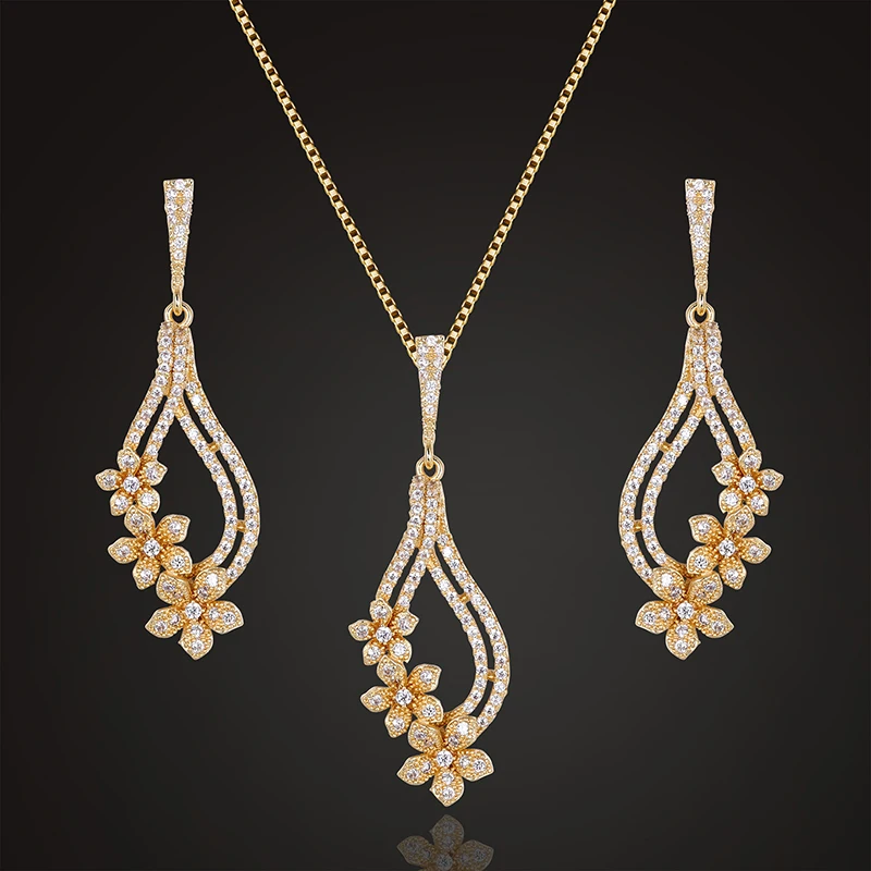 

Fateama Jewelry Set Delicate Flower Water Drop Micro pave setting Necklace with Earrings for Engagement Party Trendy Best Gift