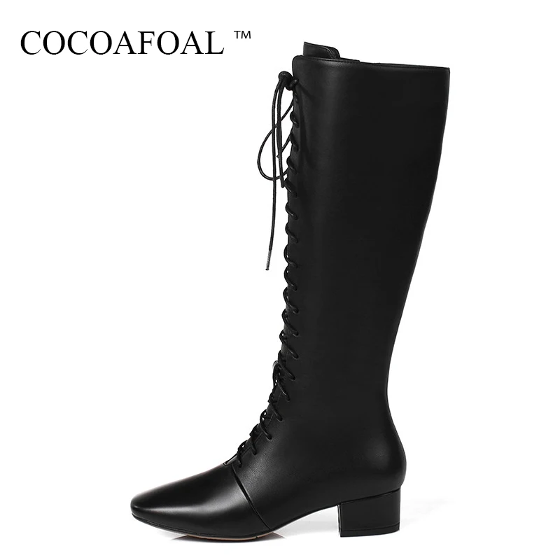 

COCOAFOAL Women Genuine Leather Chelsea Knee High Boots Winter Black Lace Up Knee High Boots Sexy Plus Size 43 High Heeled Shoes