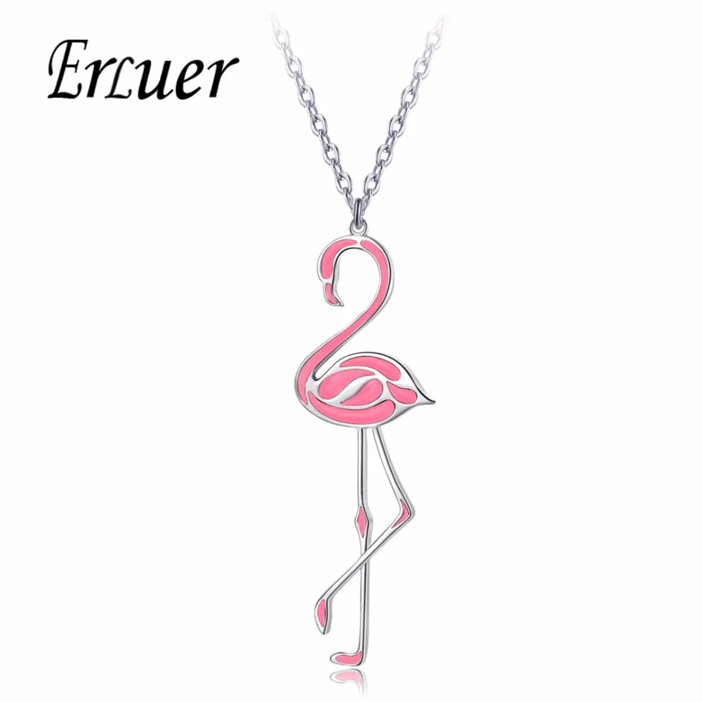 

ERLUER Fashion Jewelry New Pink Black Flamingo Necklace For Women Cute Bird Animal Enamel Charming Long Pendant Metal Necklace