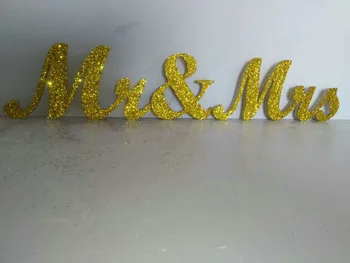 

free shipping Gold Glitter Mr. Ms. Jin Seji signed wood PVC word wedding decorations sweetheart large table