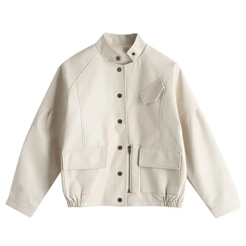 

Ailegogo New Autumn Vintage PU Leather Jacket Harajuku Baseball Uniform Short Design Loose Faux Leather Jacket Street Outwear