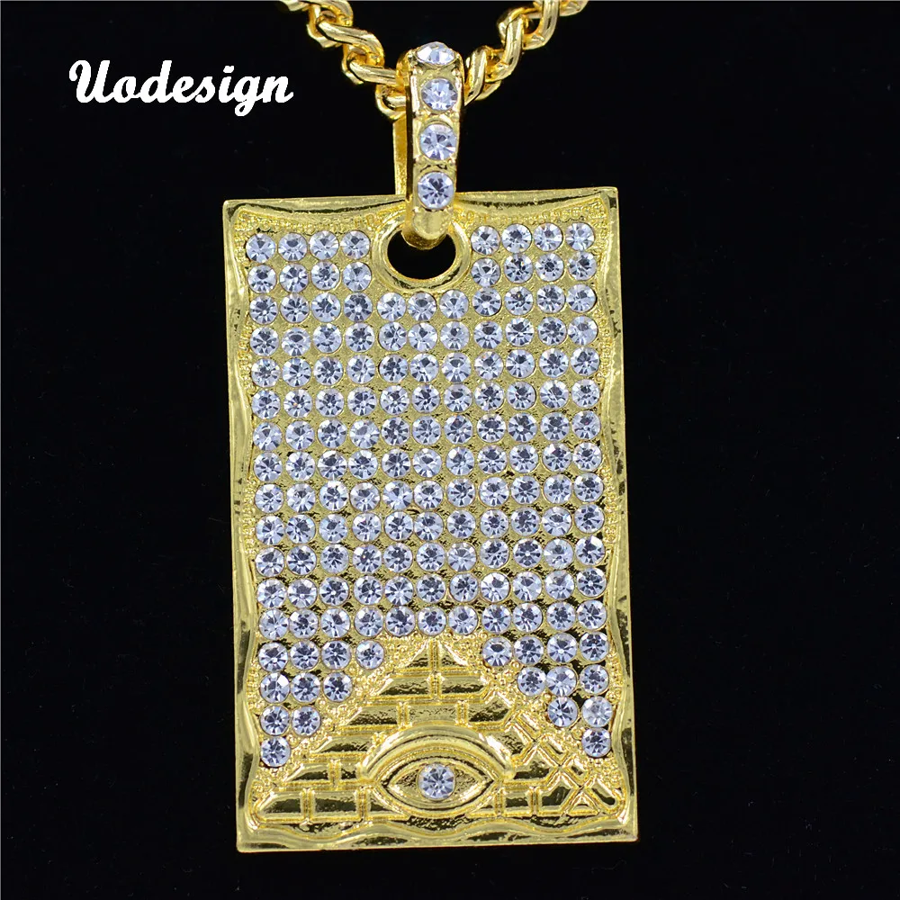 

HIP Hop Bling Golden Square Dog Tag Necklaces & Pendant Iced Out Full Rhinestone Pyramid Eye Necklace For Men Jewelry