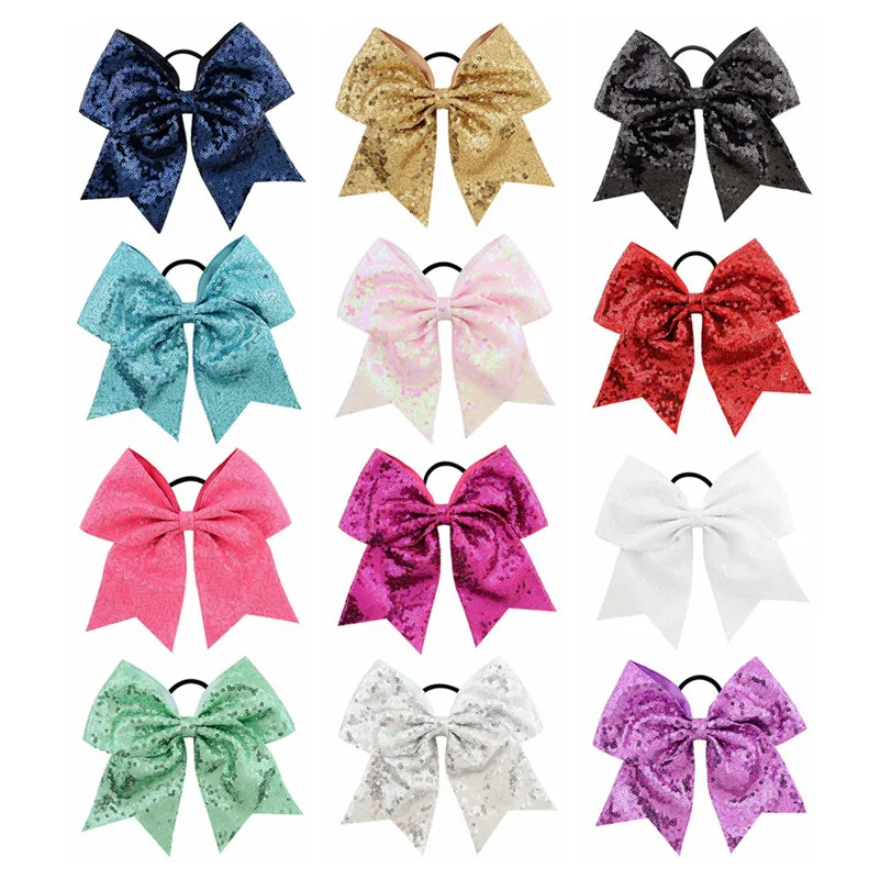 12pcs/lot 8 Inch Sequin Cheer Bow Elastic Hair Bands Ponytail Holder Hair Ties Women Rubber Band Handmade Girls Hair Accessories 50pcs 50g modish cheer dance supplies competition cheerleading pom poms flower ball lighting up party cheering fancy pom poms