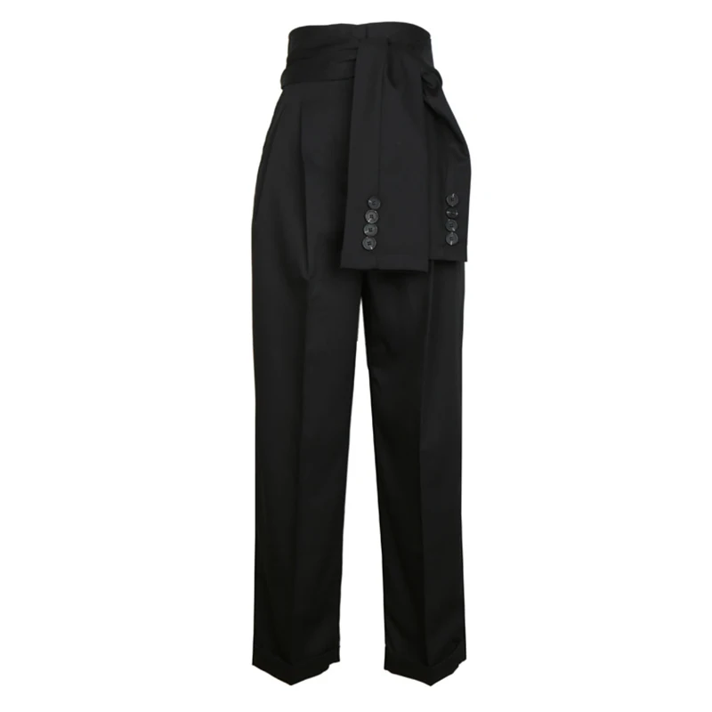 [EAM] весна, высокая талия, на шнуровке, черные, тонкие, темперамент, тренд, модные, новые, женские, дикие, повседневные, широкие брюки LA462 - Цвет: black