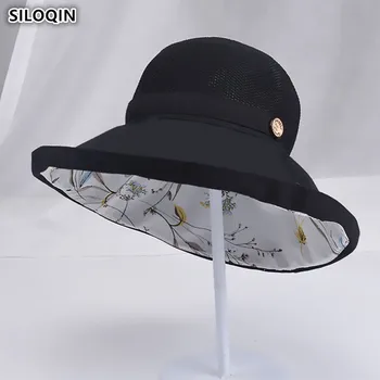 

SILOQIN Summer Mesh Breathable Women's Bucket Hats Elegant Lady Anti-UV Beach Hat New Foldable Oversized Large Visor Summer Cap