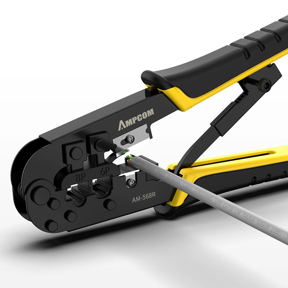 AMPCOM RJ11 RJ45 Ratchet Crimping Tool Ethernet Network LAN Cable Crimper Cutter Stripper Plier Modular 8P RJ45 and 6P RJ12 RJ11