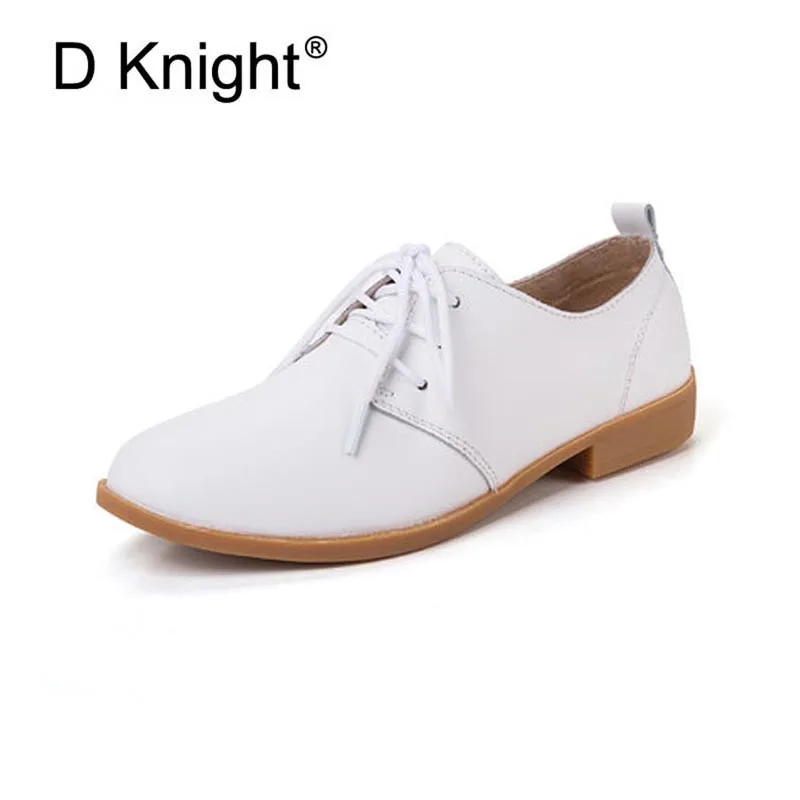 

New Women Genuine Leather Oxford Shoes Fashion Round Toe Lace Up Women Flats Ladies Cow Leather Flat Nurse Driving Shoes Oxfords
