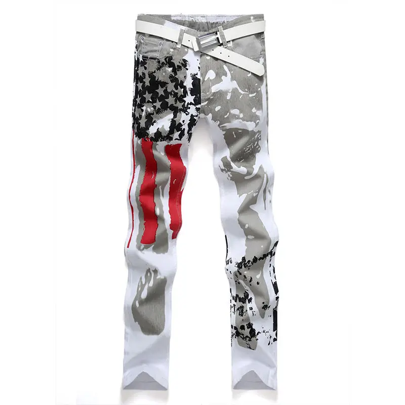USA American Flag Printed Jeans Mens Trousers White Denim Straight Slim
