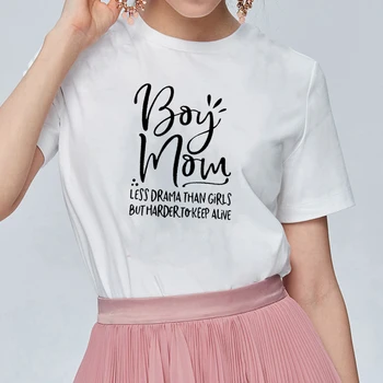 

Boy Mom Less Drama Than Print Tee Shirt Femme Summer Short Sleeve round T Shirts for Women Cotton Loose Black White Tshirt Women