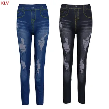 

Women Blue Black High Waist Faux Denim Stretch Pencil Pants Jeans Leggings