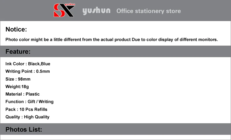 Yushun 424 черные, голубые чернила, гелевая ручка, заправка l98мм, замена для перезарядки, металлическая шариковая ручка, нейтральная Заправка для офиса и школы, 10 шт