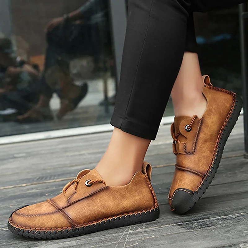 

Men's Shoes From Genuine Leather Golden Shoes Male Plus Size 45-46 Sewing Lace-Up PU Sole Cozy Driving Shoes For Men 2019 News