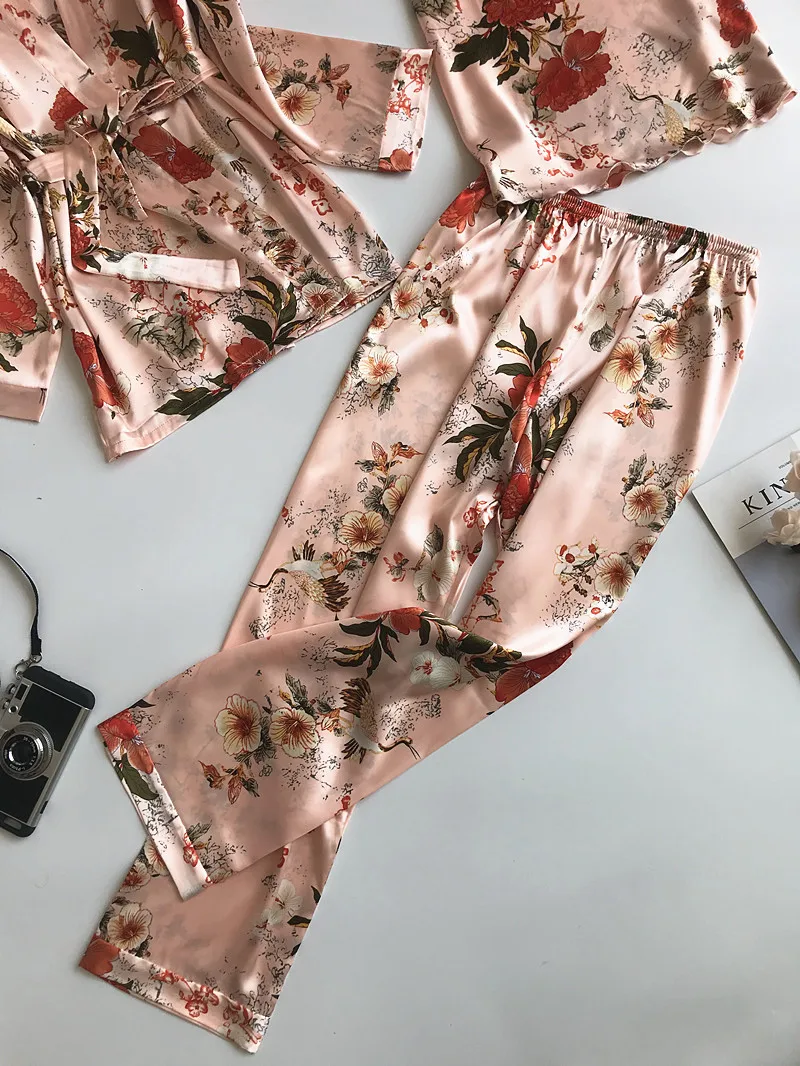 Women Pajamas Sets Pyjama Home Clothing Pijama 3 Pieces Fashion Spaghetti Strap Satin Flower Print Long Sleeve Sleepwear Female