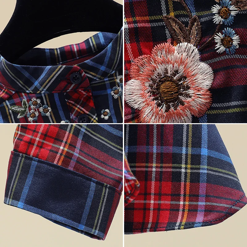 MUMUZI, весенние топы, женские блузки, повседневные клетчатые рубашки с вышивкой, женские Цветочные блузки с длинным рукавом из хлопка, блузы в стиле ретро