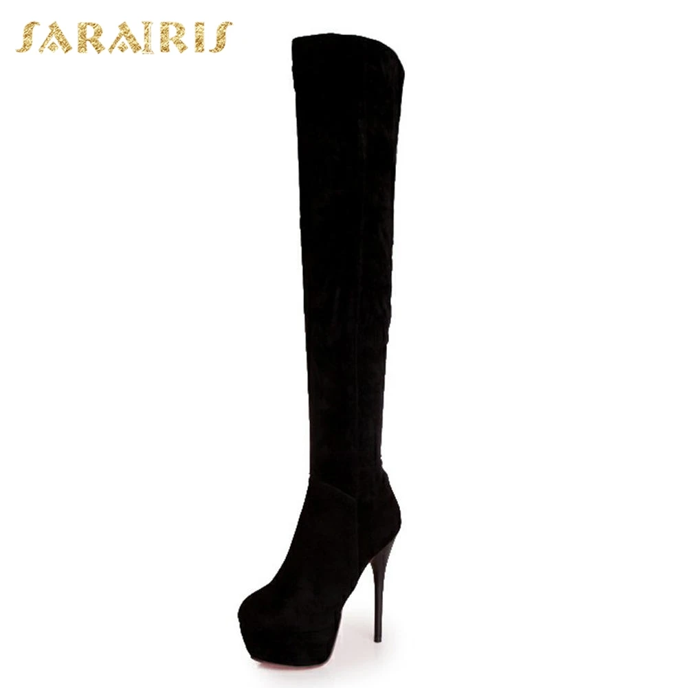 SARAIRIS/распродажа, большие размеры 32-43, Сапоги выше колена модные вечерние женские туфли на высоком тонком каблуке и платформе женские высокие сапоги - Цвет: Черный