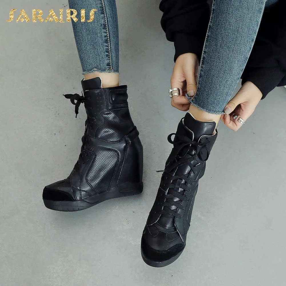 

SARAIRIS Top Quality Inner High Heels Women Boot Female Shoes Woman Ankle Boots Lace Up Sneaker Boot Woman Shoes