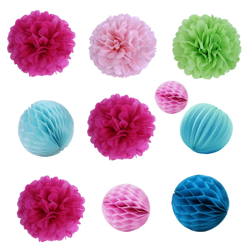 (Pink,Blue) 11pc Honeycomb Decoration Kit Paper Crafts(Pleated Lantern,Honeycombs,Pom Pom Flowers) for Wedding Birthday Party Nursery Decor (13)