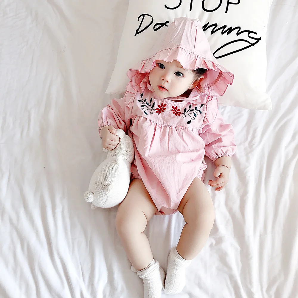 NEW Arrive Embroidery Flower Kids Girls Romper with Hats Ruffle Sleeve