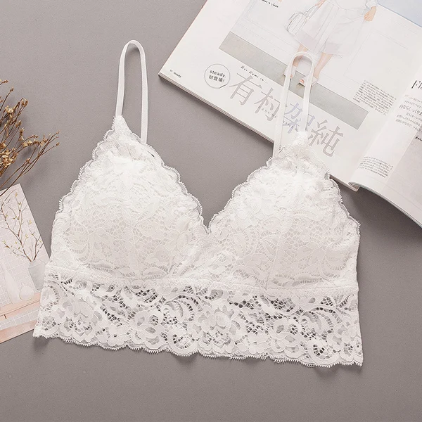 Women Sexy Bralette French Style Lace Bra Girls Triangle Cup Lingerie Deep V Wireless Underwear Soft Thin Seamless Bra Soutien - Color: White