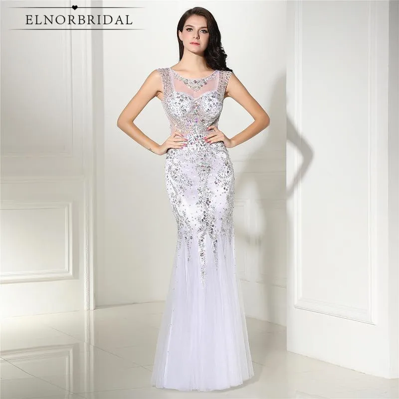 

Elegant White Mermaid Evening Dresses 2020 Robe De Soiree Avondjurk Formal Party Dress Illusion Back Sheer Beading Prom Gowns