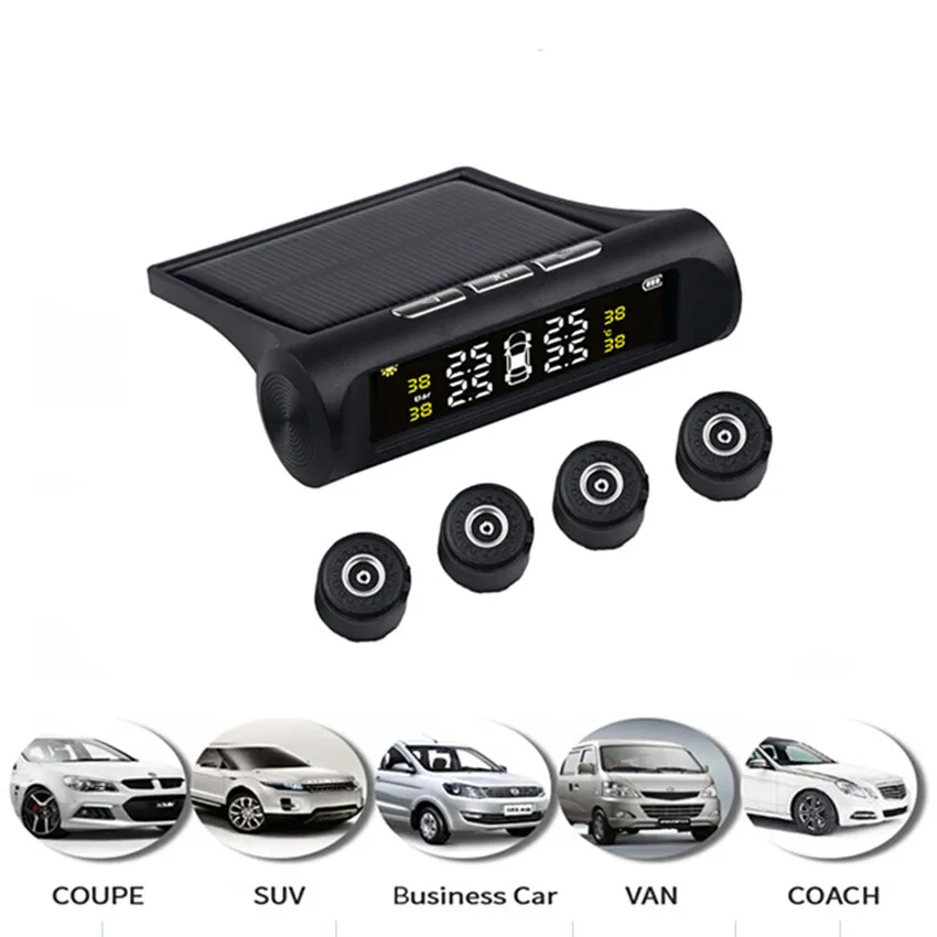 Solar and USB charging tire pressure monitoring system multiple security alarm function car tyre air pressure tester gauge LCD