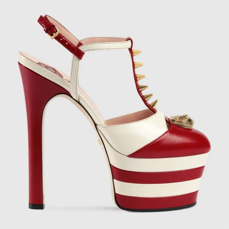 Подиумные босоножки из натуральной кожи с ремешком на лодыжке на высоком каблуке летние женские босоножки на платформе женская обувь на тонком каблуке с закрытым носком 34-43 - Цвет: red striped