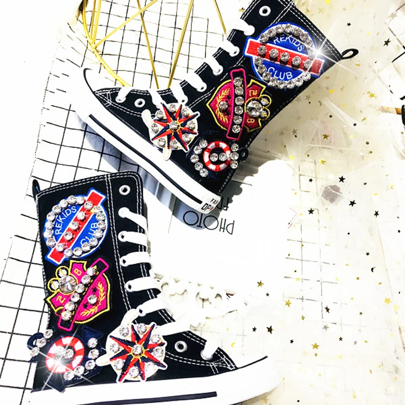  2019 Autumn New Children Rhinestone Sport Sneakers Kids High Top Casual Shoes Baby Girls Black Canv