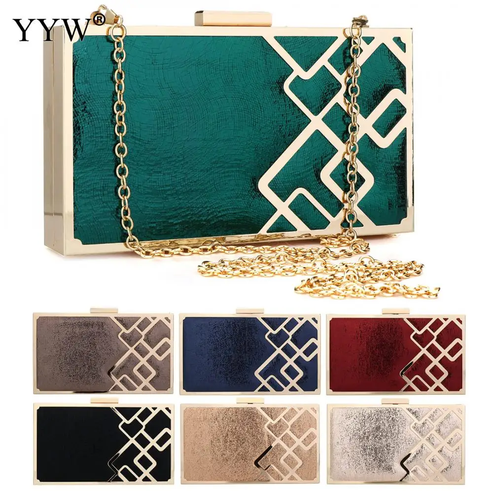 Flannelette Green Clutch Wedding Women Box Bag Gold Chain Geometric Zinc Alloy Christmas Evening Bags Female Party Clutch Gold