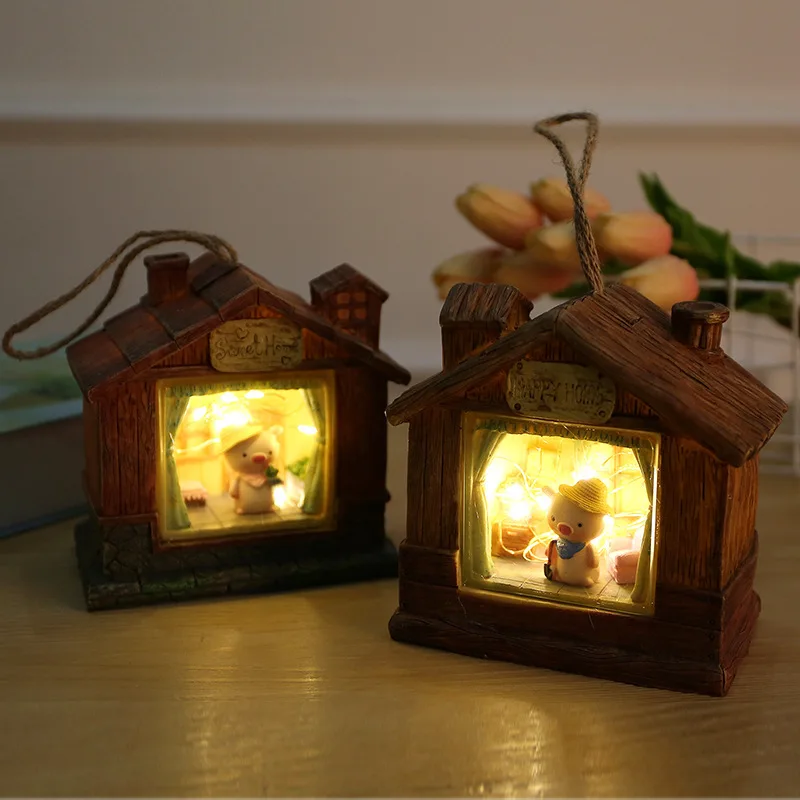 

Wooden House Mini Pig Starry Night Light Cartoon Animal Lamps Baby Bedroom Bedside Desktop Lamps Toy Gift for Children kids