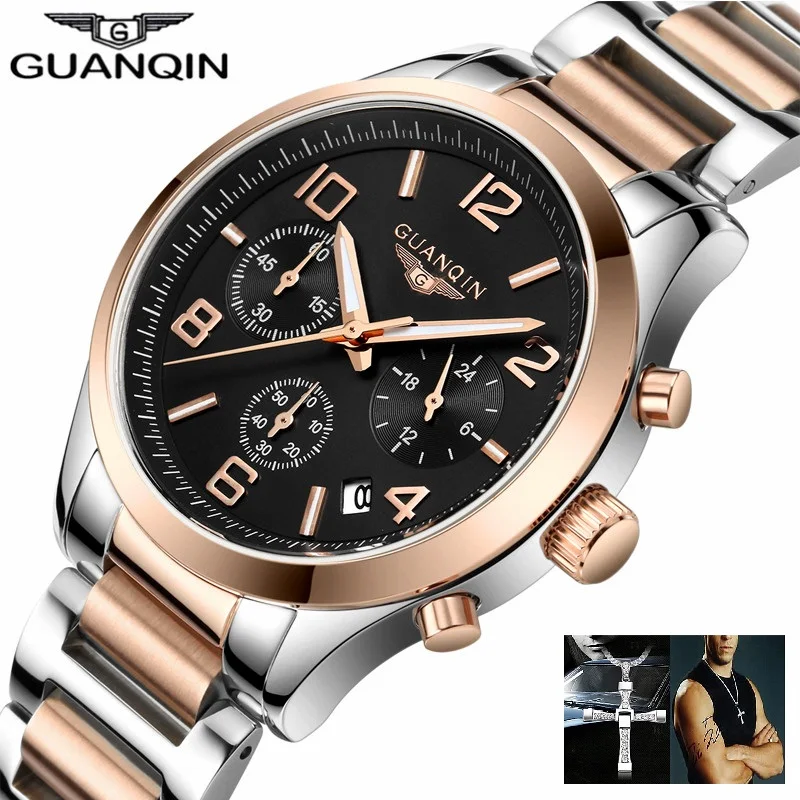 

GUANQIN Watch Men Business Chronograph Date Luminous Wristwatch Mens Luxury Brand Stainless Steel Quartz Watch Relogio Masculino