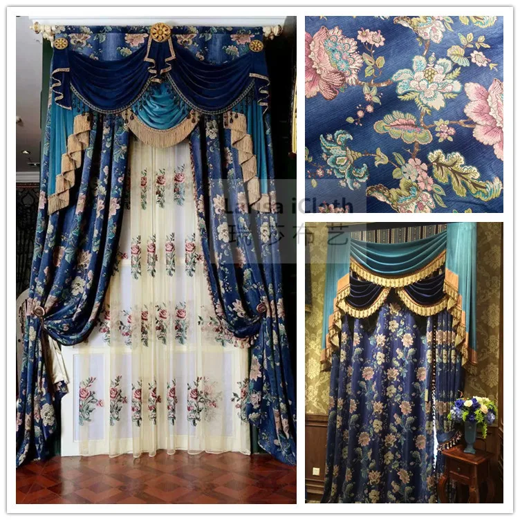 

Luxurious American Style Floral Design Gradient Blue Chenille Drapery Curtain Bedboard Interior Upholstery Sofa Fabrics 280 cm