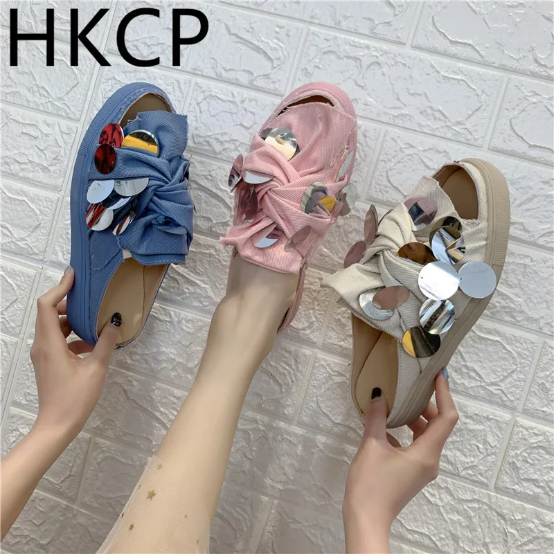

HKCP 2019 spring and summer new canvas cross sequins open toe thick-soled slippers casual shoes wear fashion tide shoes C274