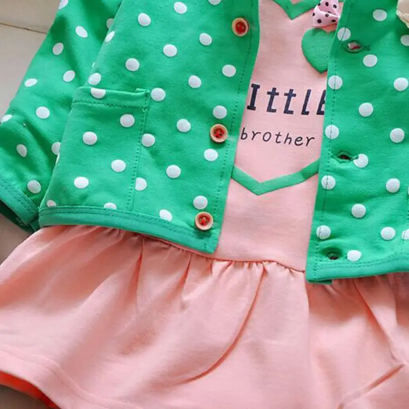 LONSANT/Одежда для маленьких девочек, кардиган в горошек с бантом + футболка + длинные штаны компл., 1 комплект, зеленый цвет, Прямая доставка