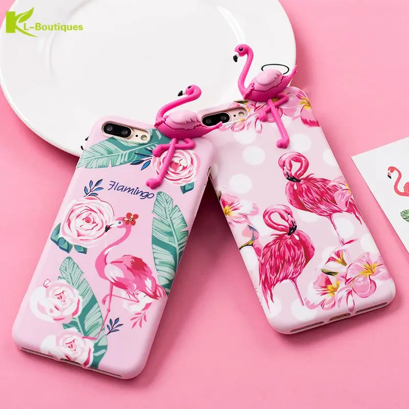 

KL-Boutiques 3D Toys Funny Silicone Case For Fundas iPhone 8 8Plus 7 6 6S Plus Cute Flamingo Cartoon Flowers Cover For iPhone8