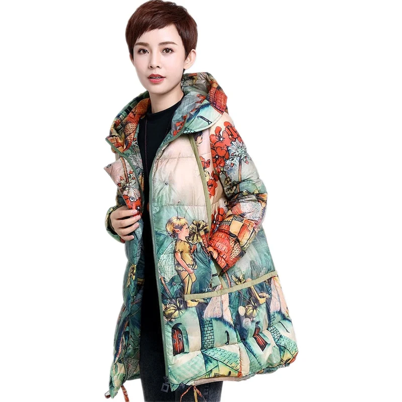 Thick long down coat women print 2018 Winter fashion female hooded overcoat 90% White duck down warm casual ladies outerwear top