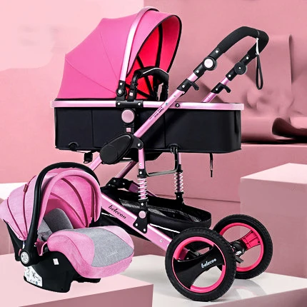 Высокая горизонтальная детская коляска, может применяться для сидения, и складывается двумя способами, четыре колеса, с амортизаторами, детская коляска - Цвет: rose