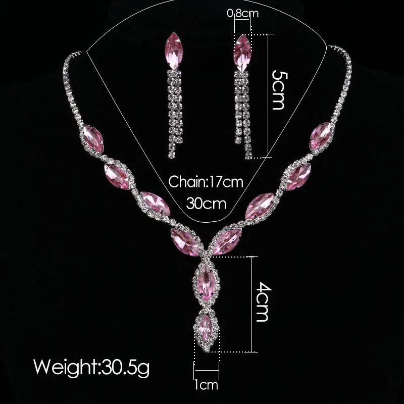 BLIJERY Fashion Pink Crystal Prom Wedding Jewelry Sets for Women Accessories Floral Tassel Necklace Earrings Bridal Jewelry Sets