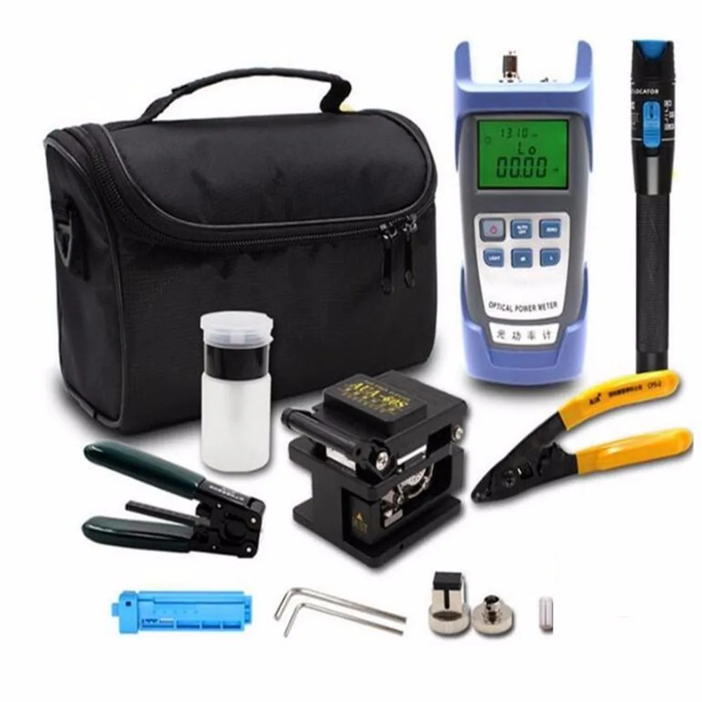

FTTH Set Of Tools Cold Contact Tool Kits Optical Power Meter + Fault Locator Fiber + Fiber Optic Cleaver AUA-60S With Strippers