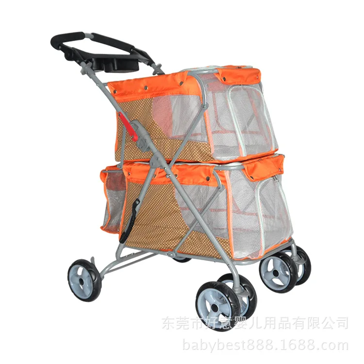Goede Dubbele Laag Hond Wandelwagen Decker Opvouwbare Trolley 6 Wiel Kat Winkelwagen Grote Capaciteit Ademend Outdoor Pet Carrier Product